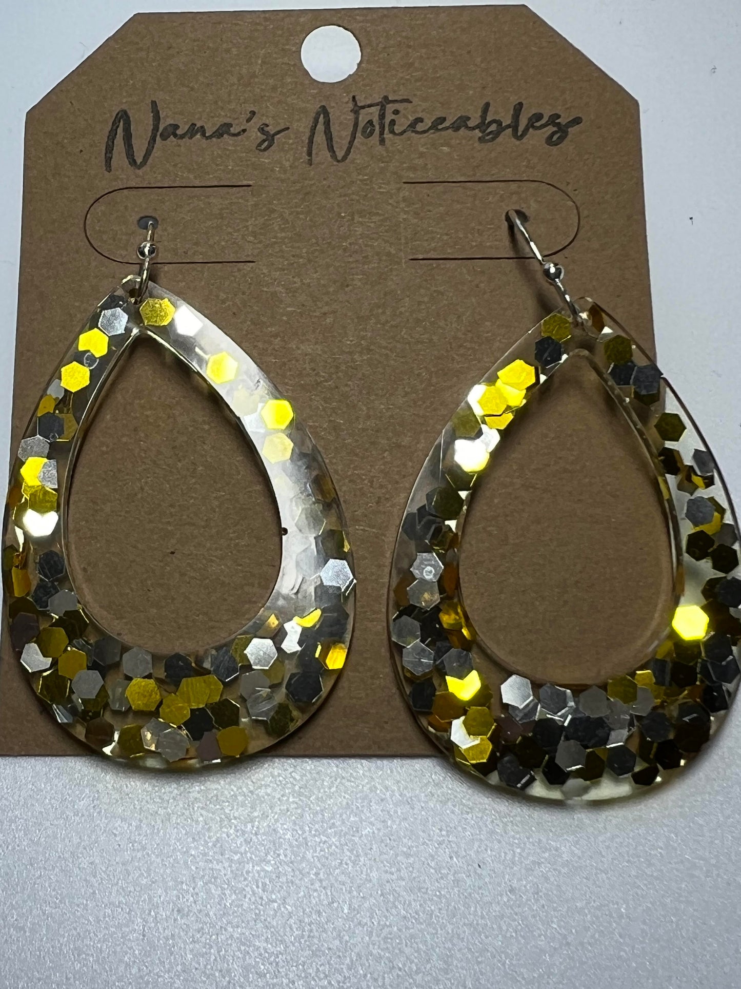 RESIN OPEN TEAR DROP IN GOLD/SILVER GLITTER