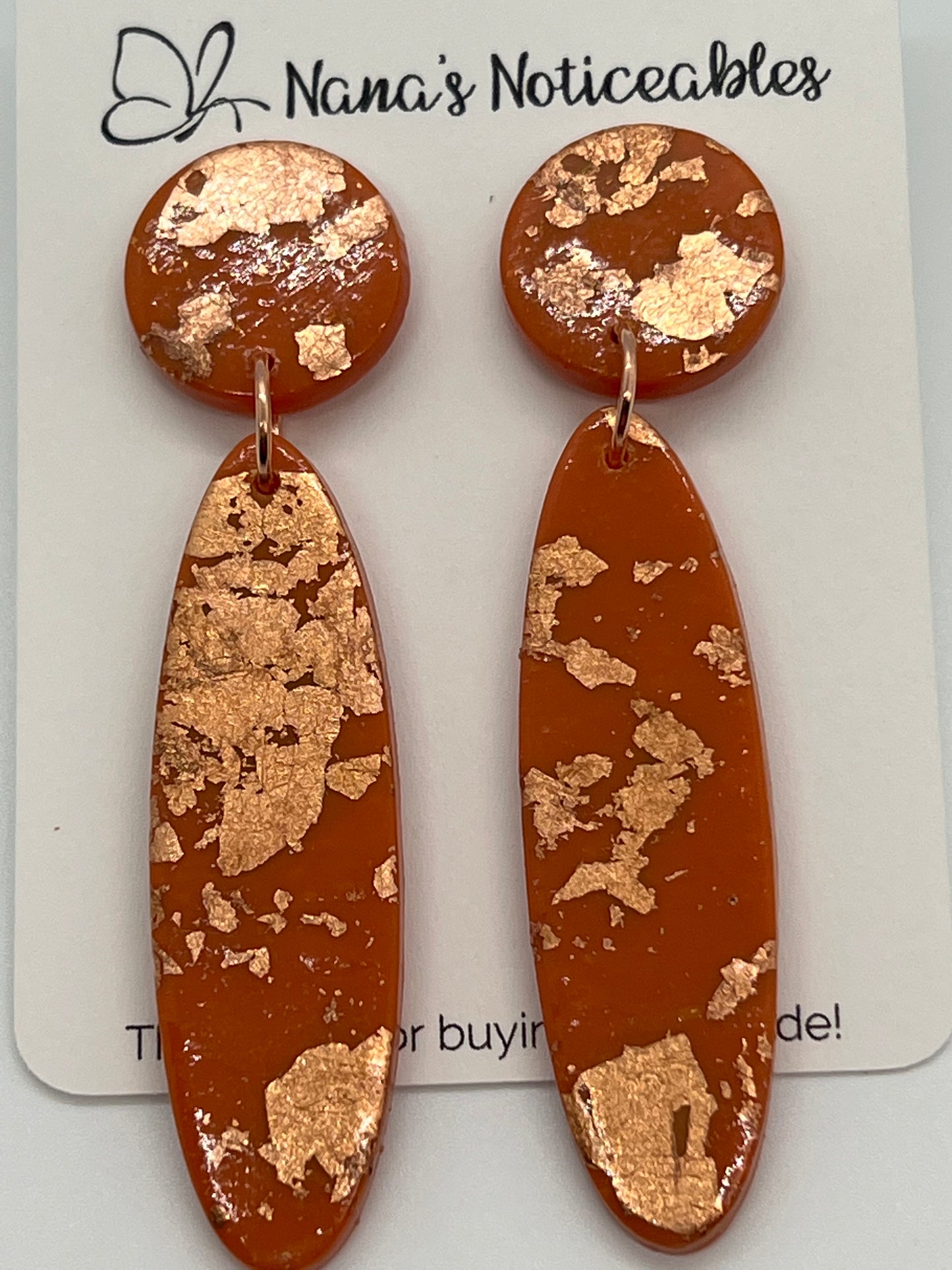 POLYMER OBLONG & CIRCLE POST IN ORANGE WITH ROSE GOLD LEAFING