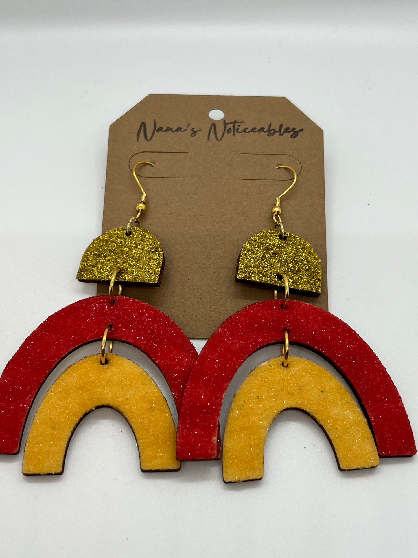 WOOD RAINBOW DROPS IN GLITTER RED, YELLOW & GOLD