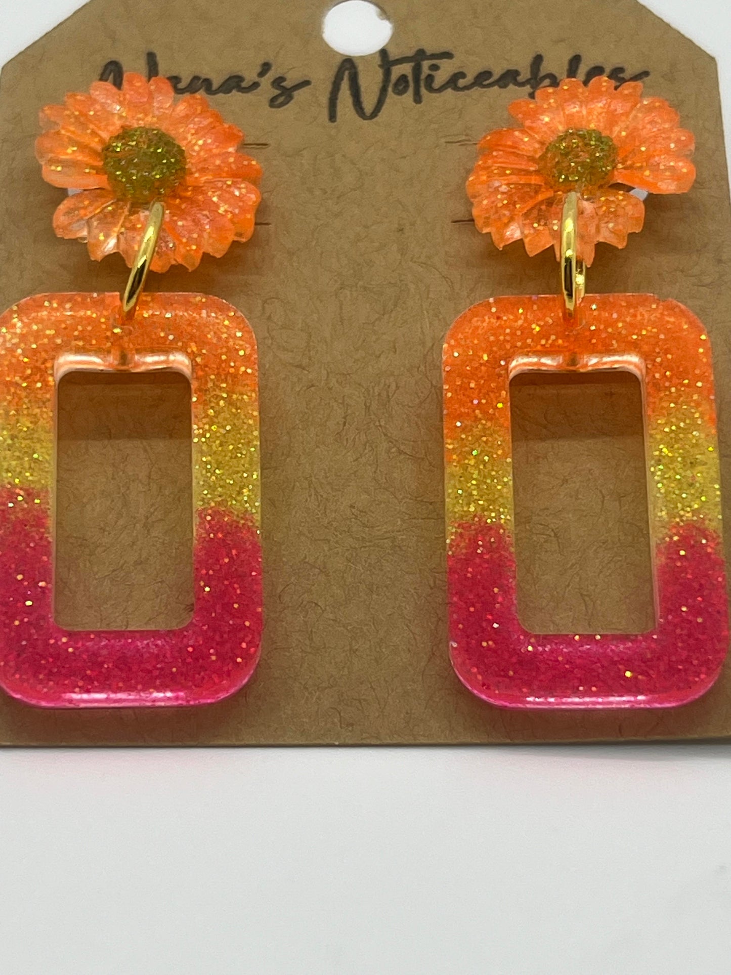 RESIN FLOWERS ON SMALL OPEN RECTANGLE IN GLITTER COLORS