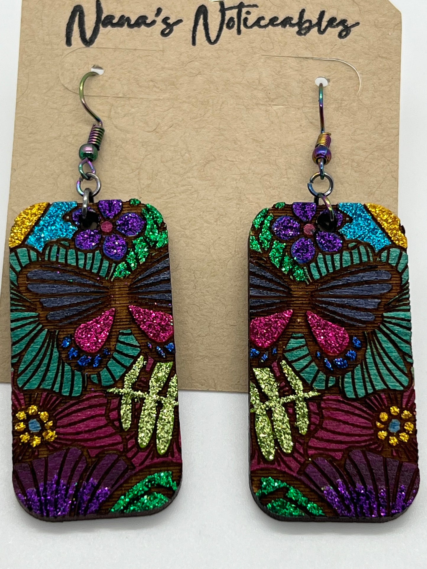 WOOD GLITTER & STAINED RECTANGLE BUTTERFLY FLORALS