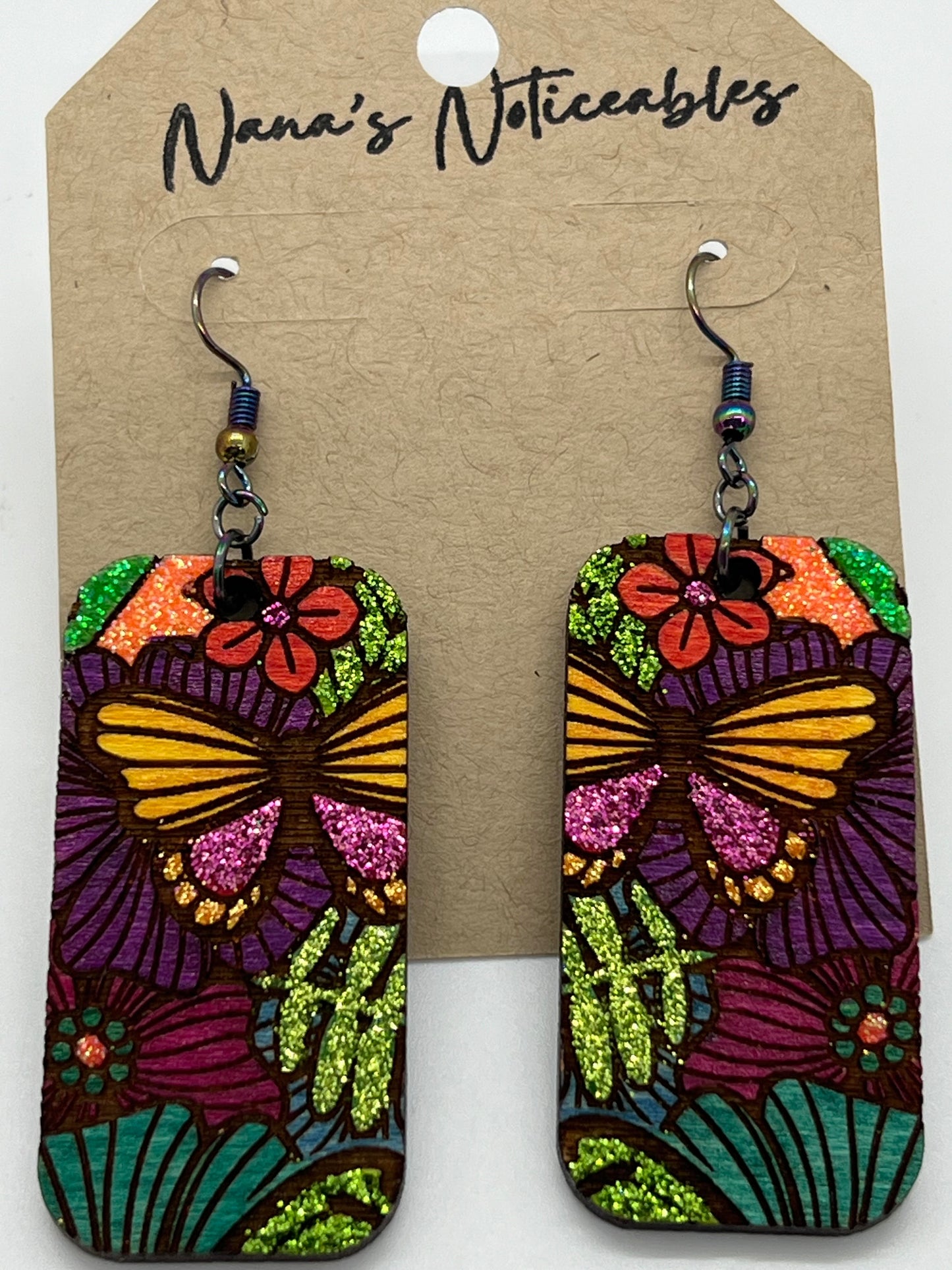 WOOD GLITTER & STAINED RECTANGLE BUTTERFLY FLORALS