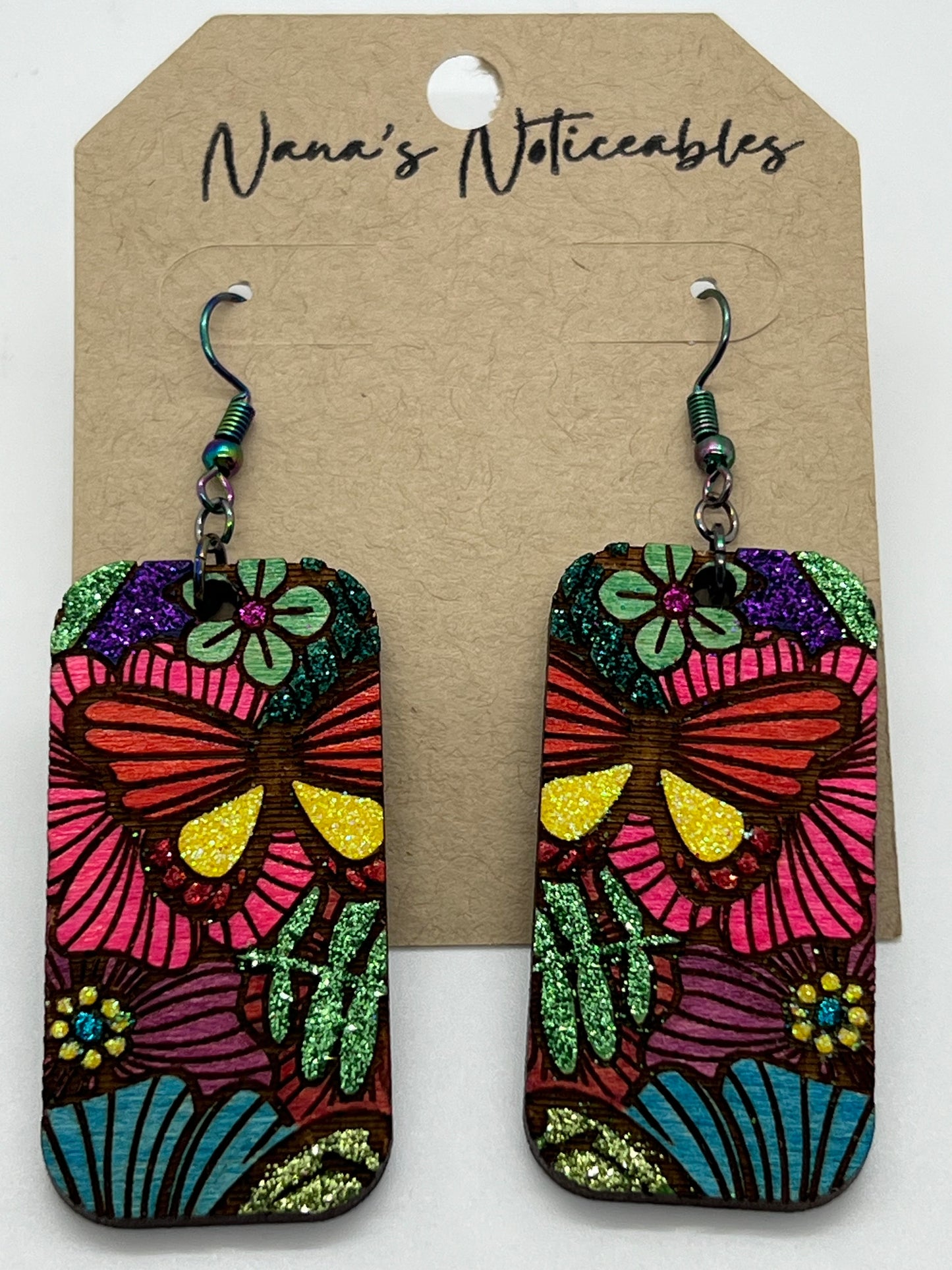 WOOD GLITTER & STAINED RECTANGLE BUTTERFLY FLORALS