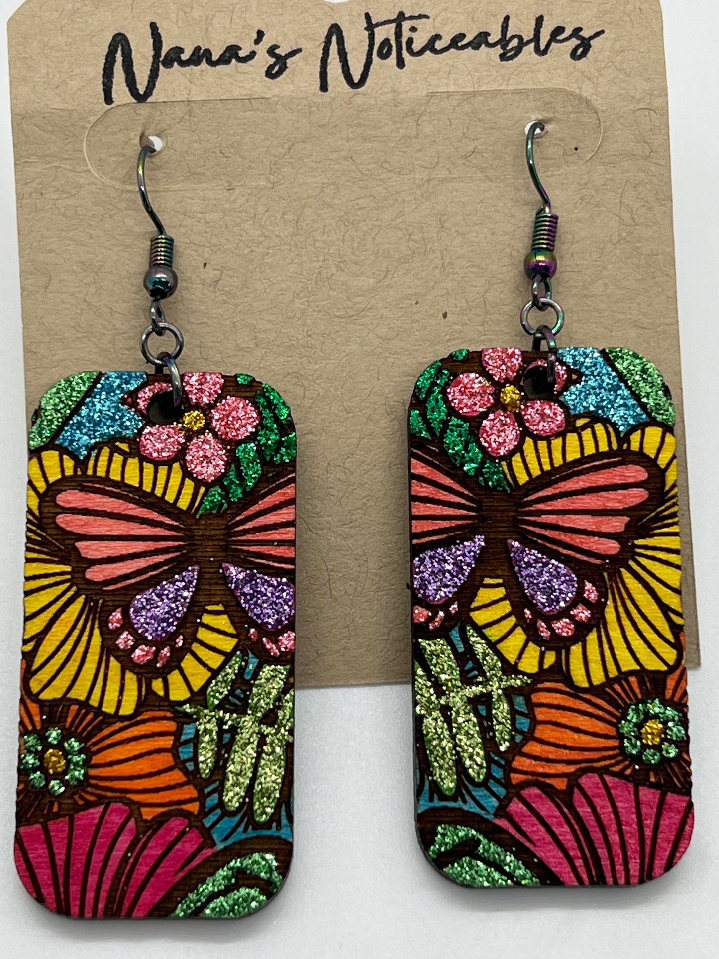 WOOD GLITTER & STAINED RECTANGLE BUTTERFLY FLORALS