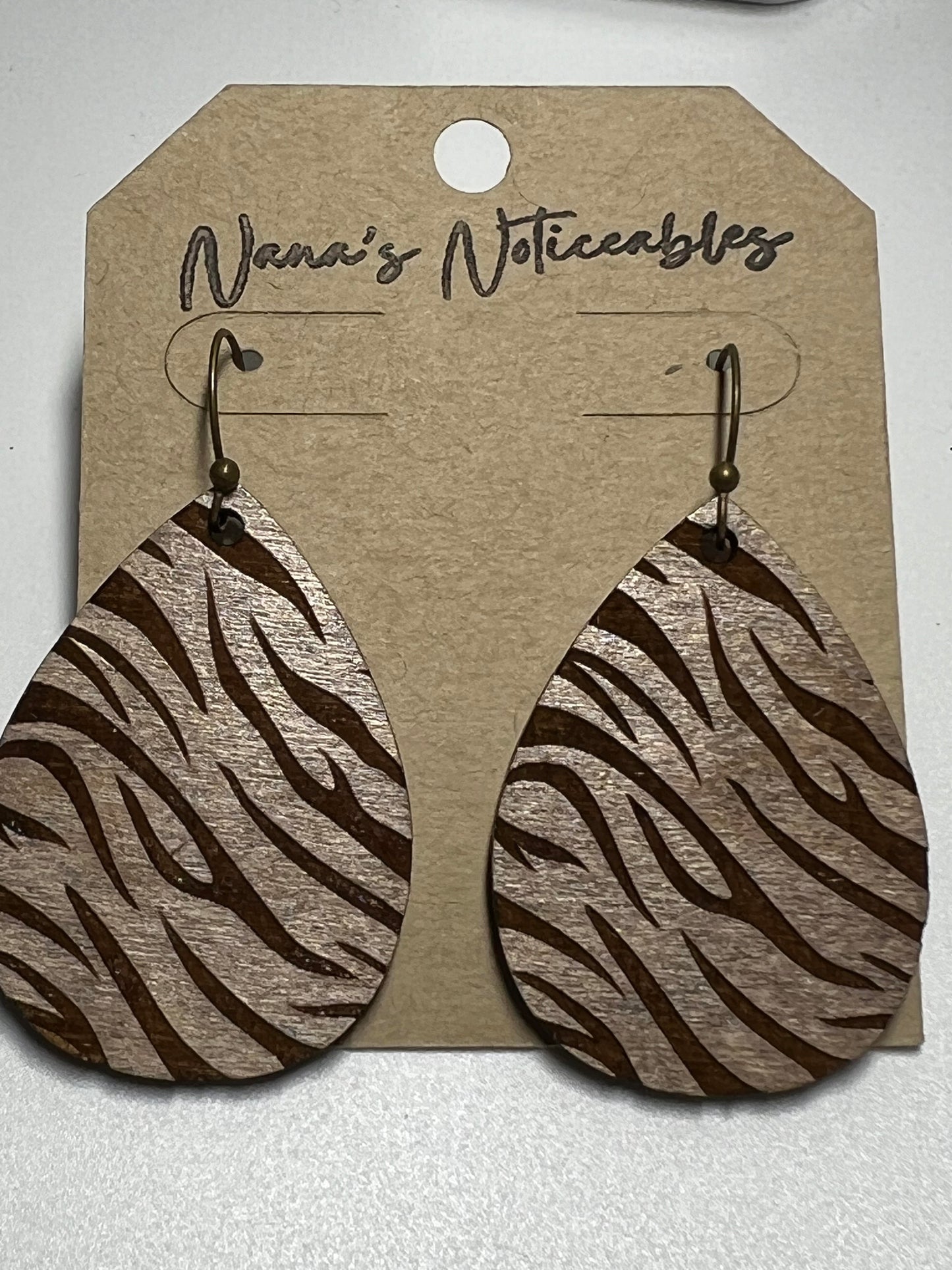 WOOD STAINED ZEBRA DROP EARRINGS