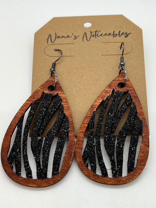 WOOD TEAR DROP IN ZEBRA PATTERN STAINED BROWN & BLACK GLITTER