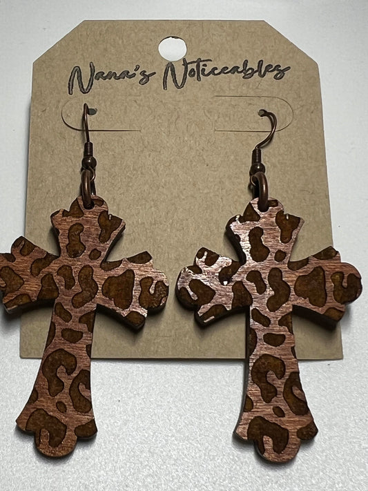 WOOD CHEETAH CROSS EARRINGS