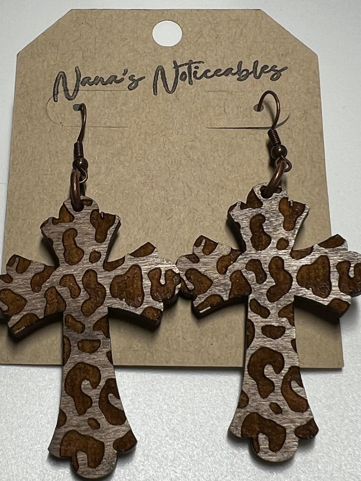 WOOD CHEETAH CROSS EARRINGS