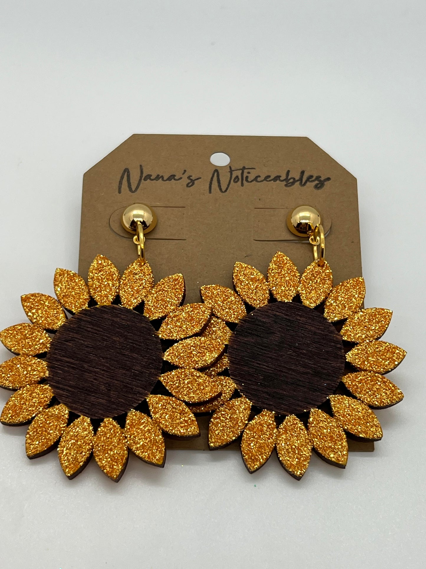 WOOD SUN FLOWERS IN STAINED BROWN & GOLDISH GLITTER