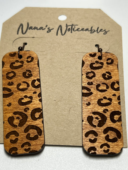 WOOD STAINED CHEETAH RECTANGLE EARRINGS