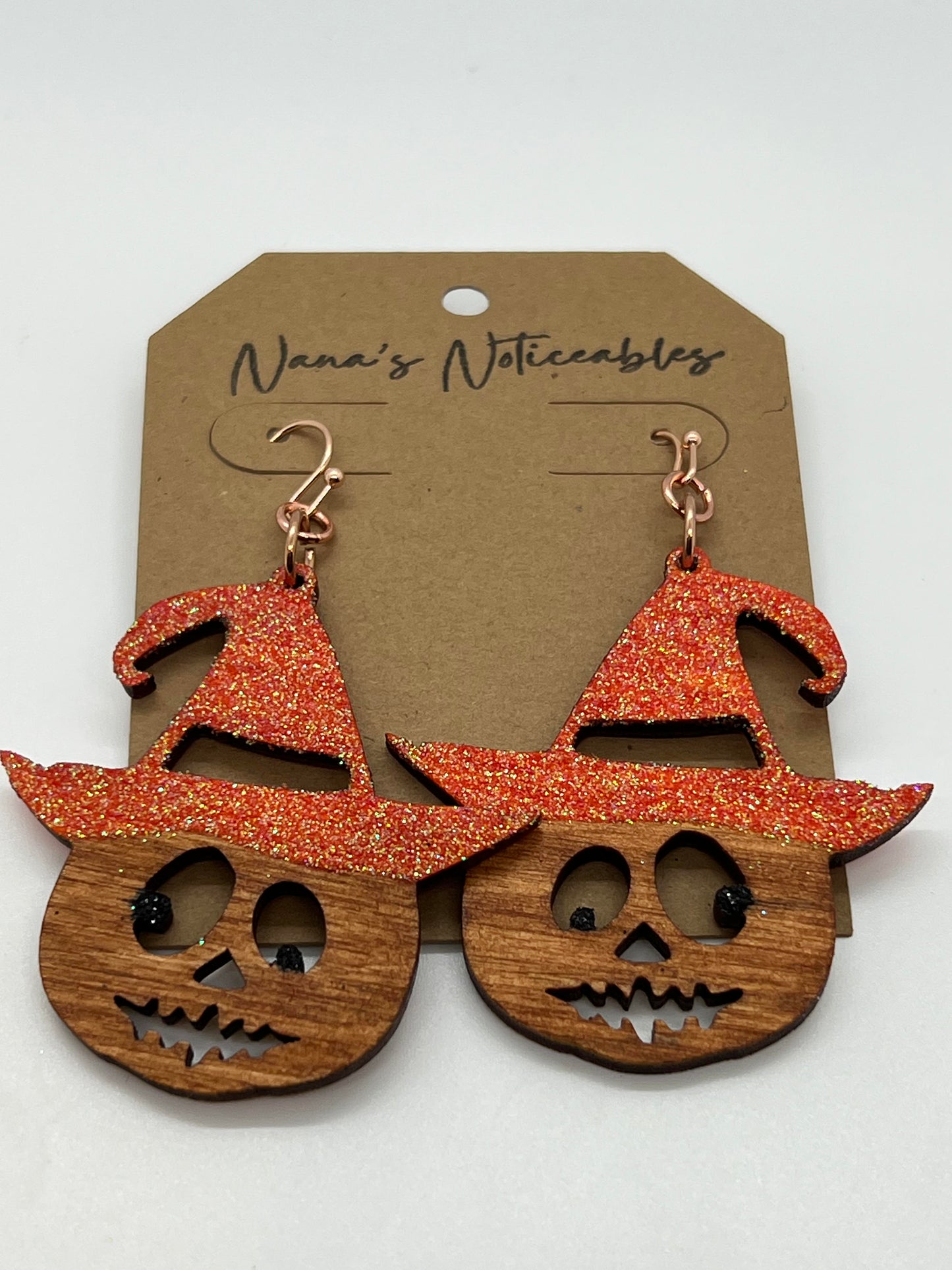 WOOD SCARECROW EARRINGS STAINED GLITTER & IRISESCENT ORANGE