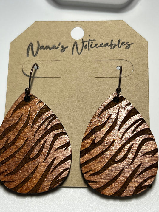 WOOD STAINED ZEBRA DROP EARRINGS