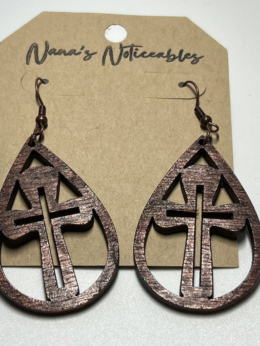 WOOD STAINED CROSS EARRINGS