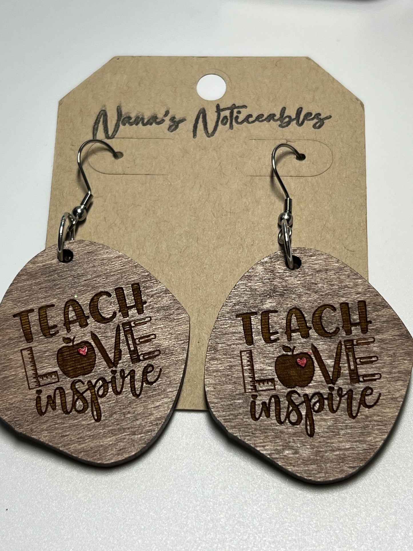 WOOD GRAY STAINED TEACH LOVE INSPIRE EARRINGS