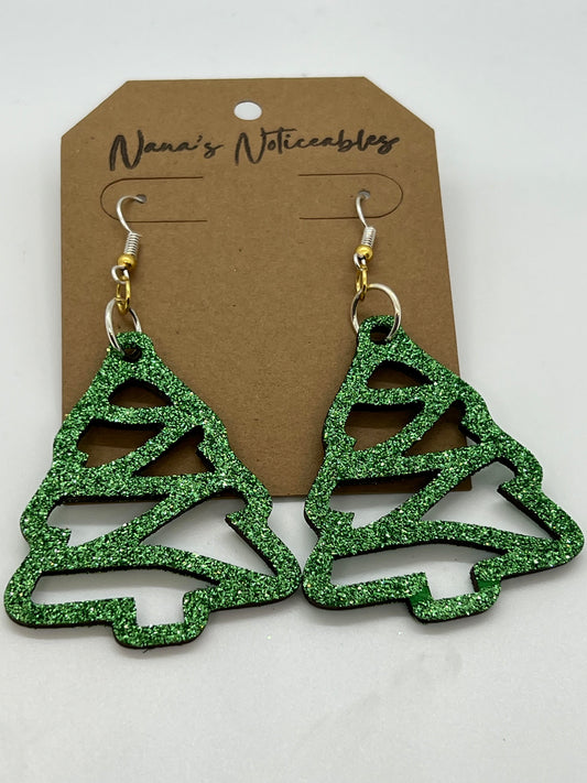 WOOD CHRISTMAS TREES IN GREEN GLITTER