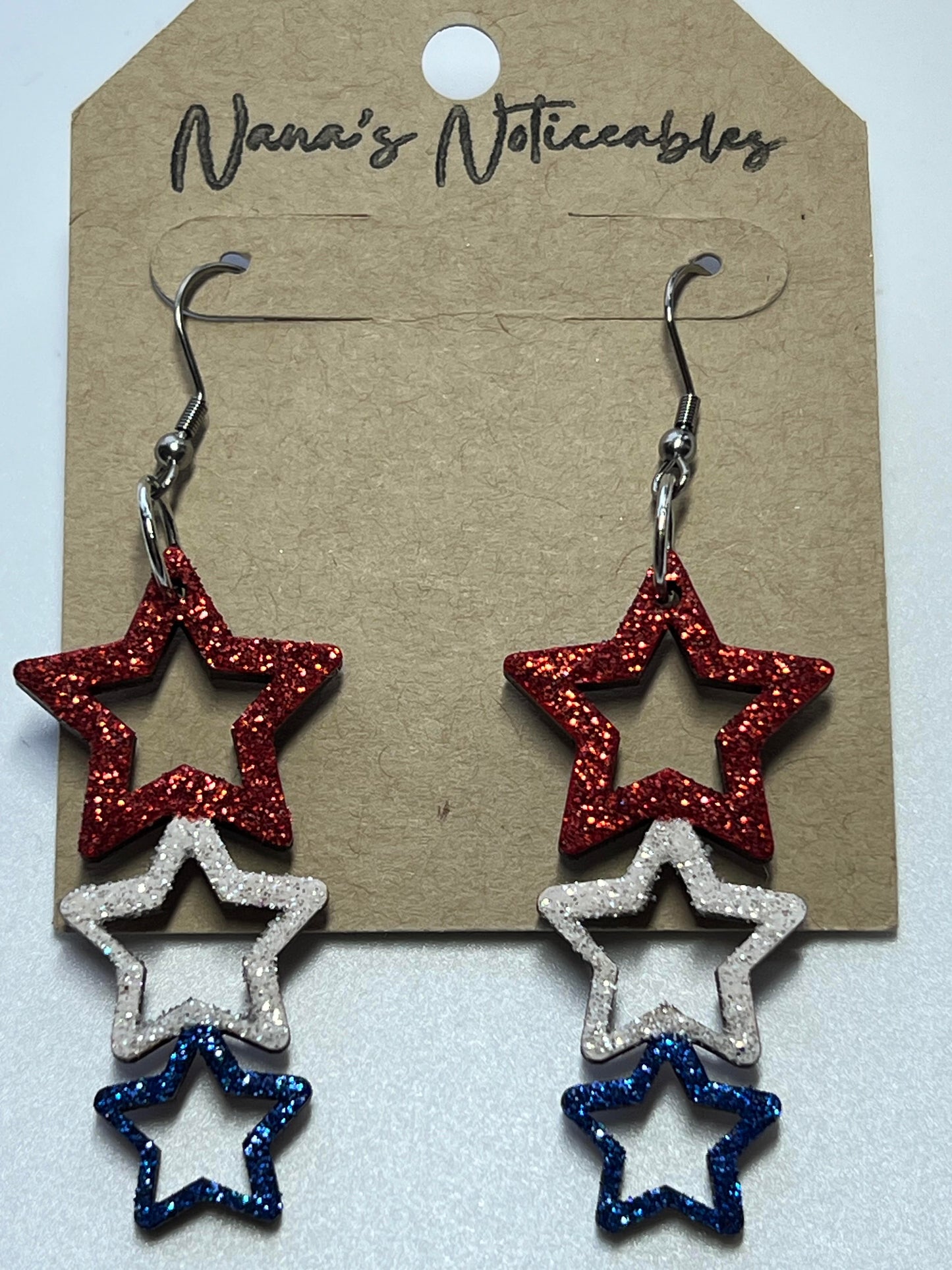 WOOD 3 OPEN STARS IN GLITTER RED, WHITE & BLUE