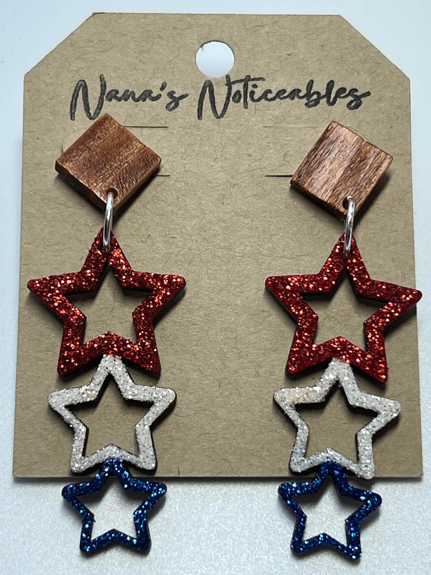 WOOD 3 OPEN STARS IN GLITTER RED, WHITE & BLUE