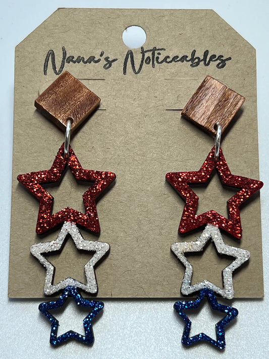 WOOD 3 OPEN STARS IN GLITTER RED, WHITE & BLUE