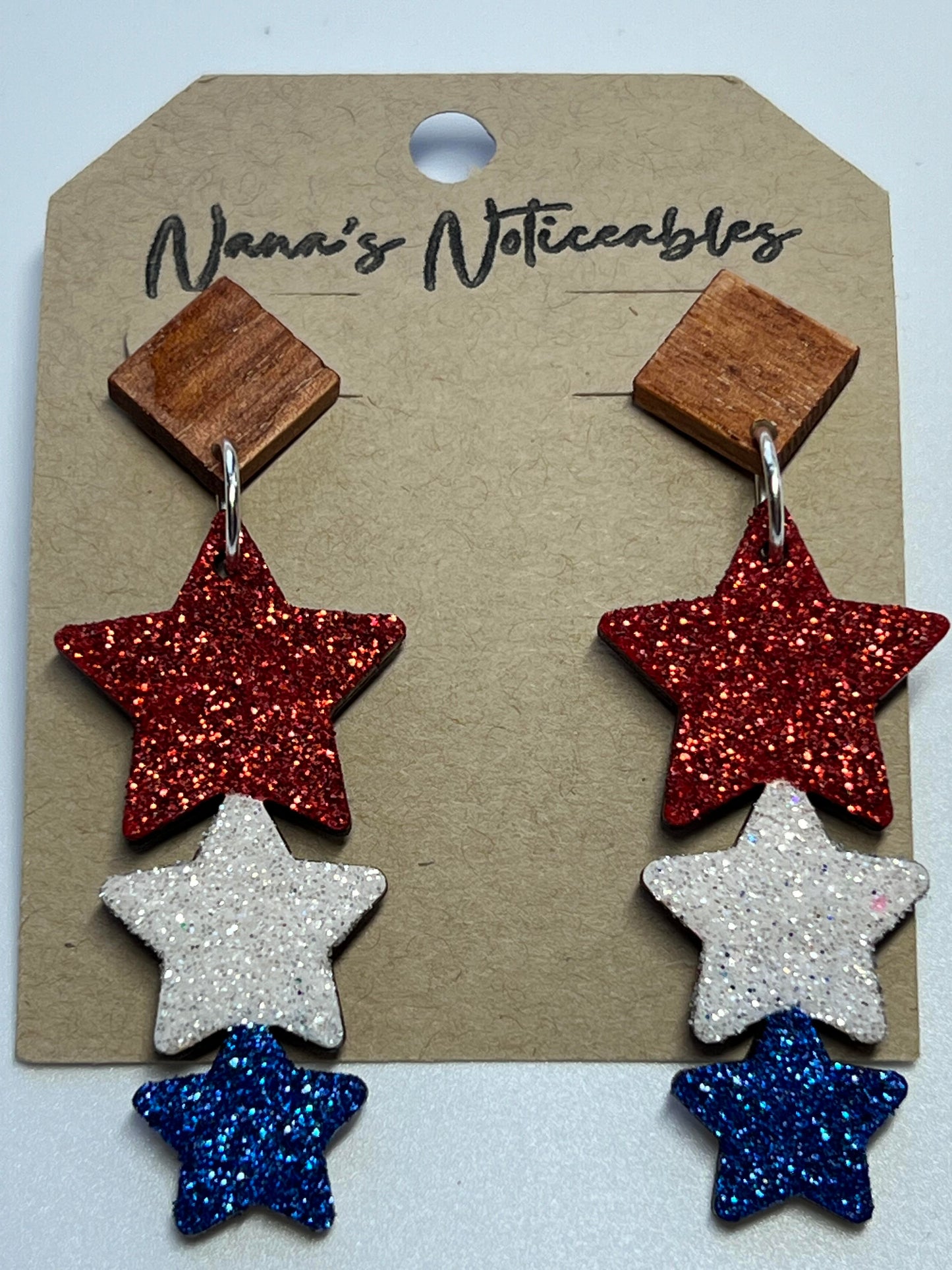 WOOD 3 SOLID STARS IN GLITTER RED, WHITE & BLUE