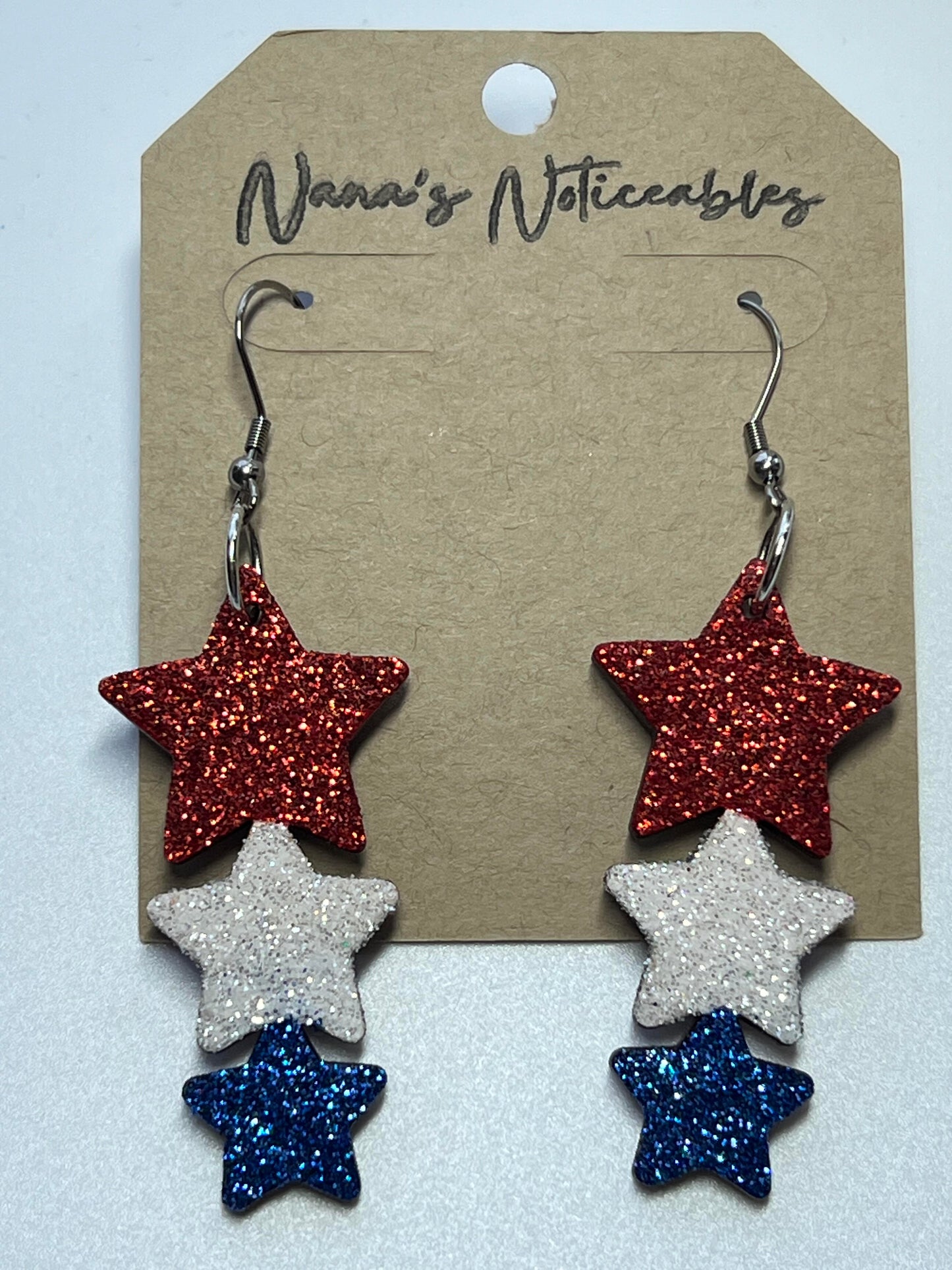 WOOD 3 SOLID STARS IN GLITTER RED, WHITE & BLUE