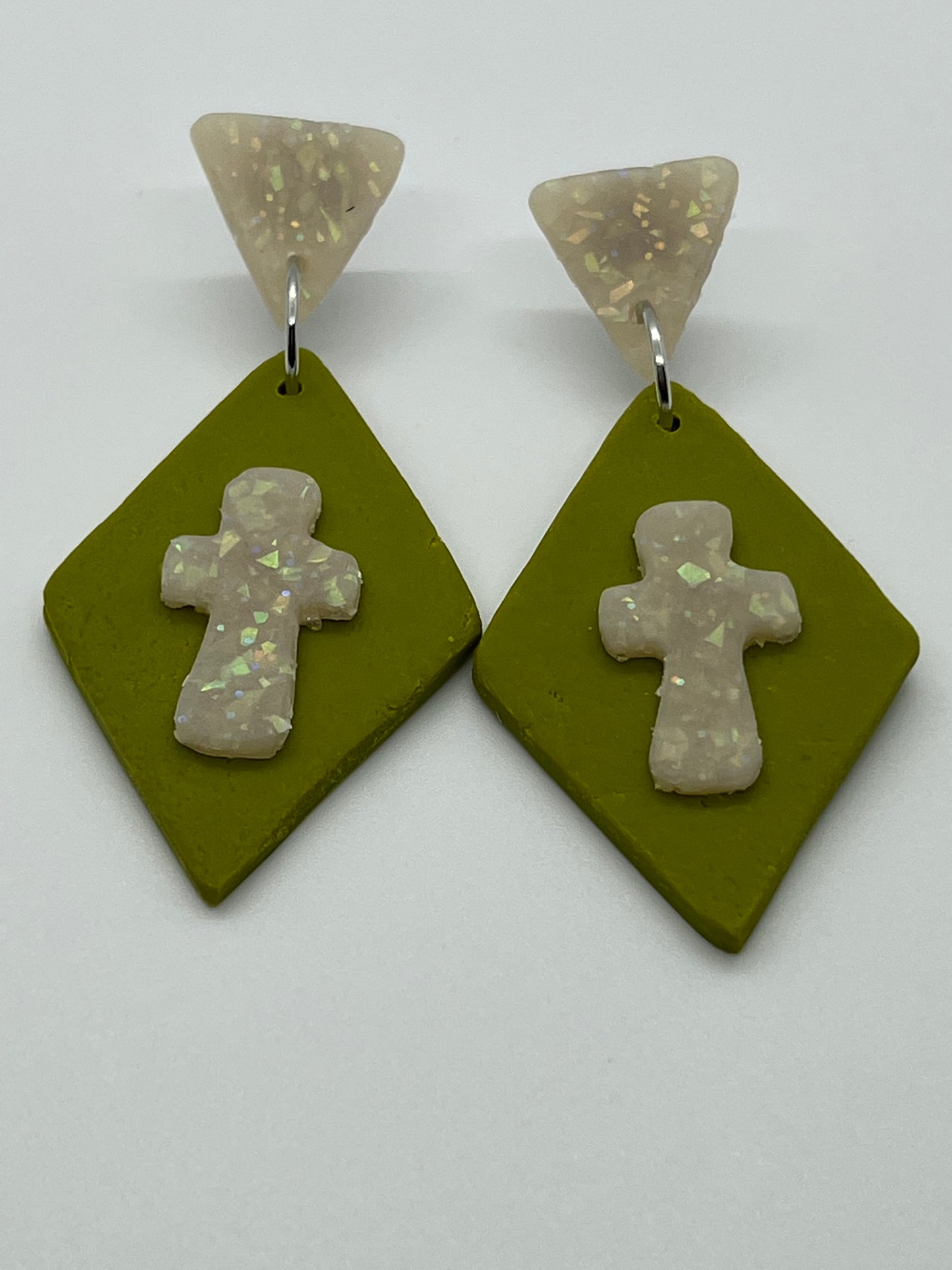 POLYMER CROSS ON A DIAMOND IN OPAL AND LEATHER SAGE GREEN