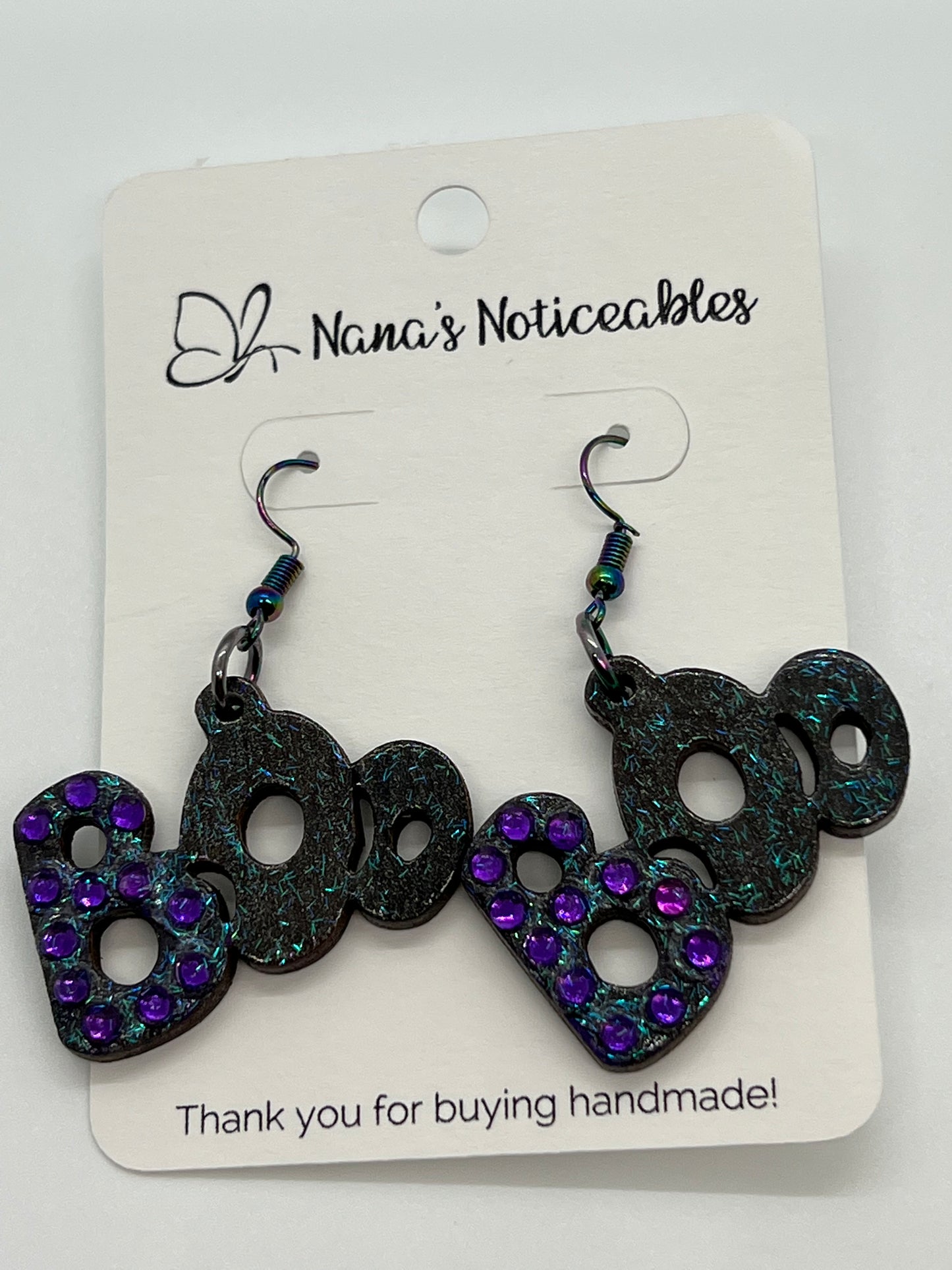 WOOD BOO EARRINGS PAINTED IN SPARKLE DARK GRAY WITH BLING ADDED