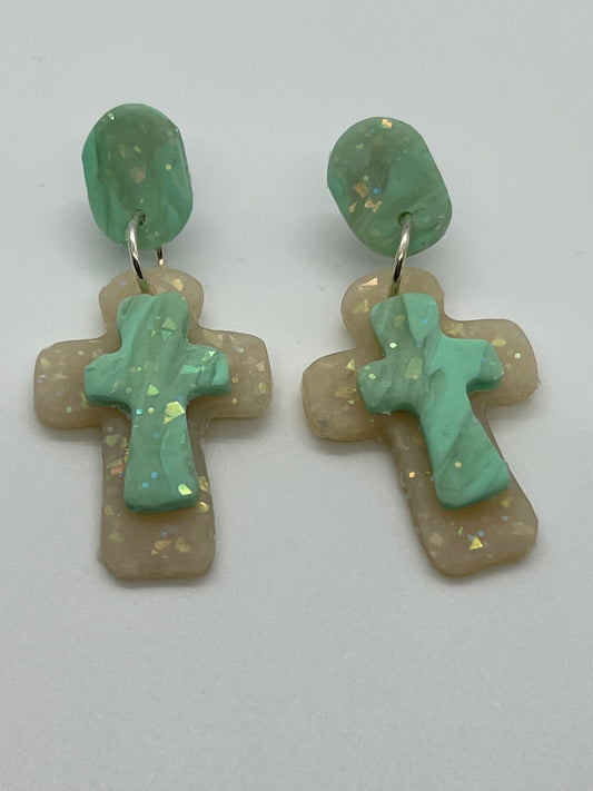 POLYMER CROSS WITH OVAL POST IN OPAL & MINT GREEN