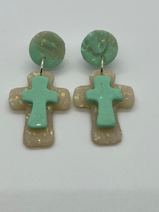 POLYMER CROSS WITH CIRCLE POST IN OPAL & MINT GREEN