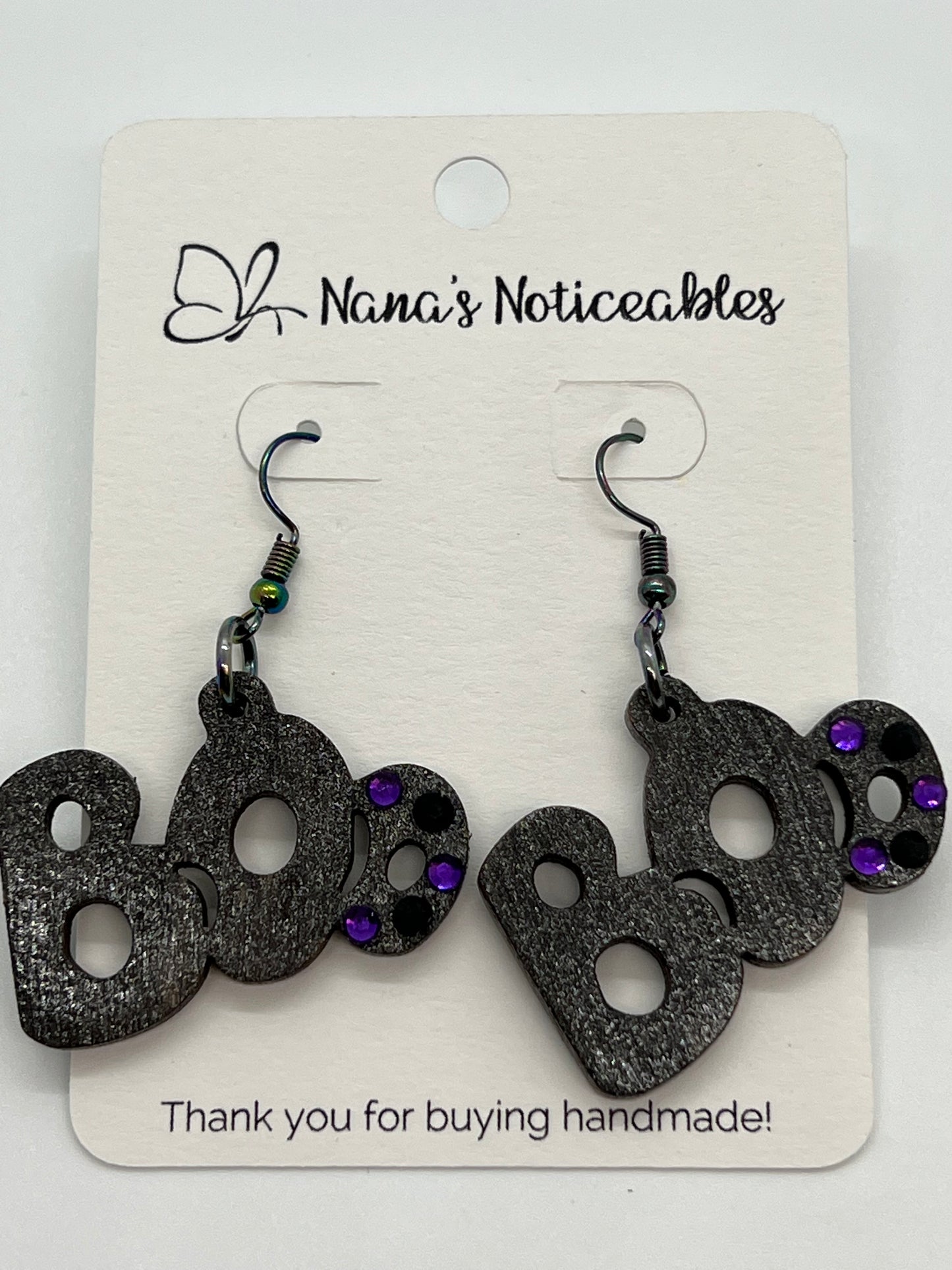 WOOD BOO EARRINGS PAINTED IN SPARKLE DARK GRAY WITH BLING ADDED