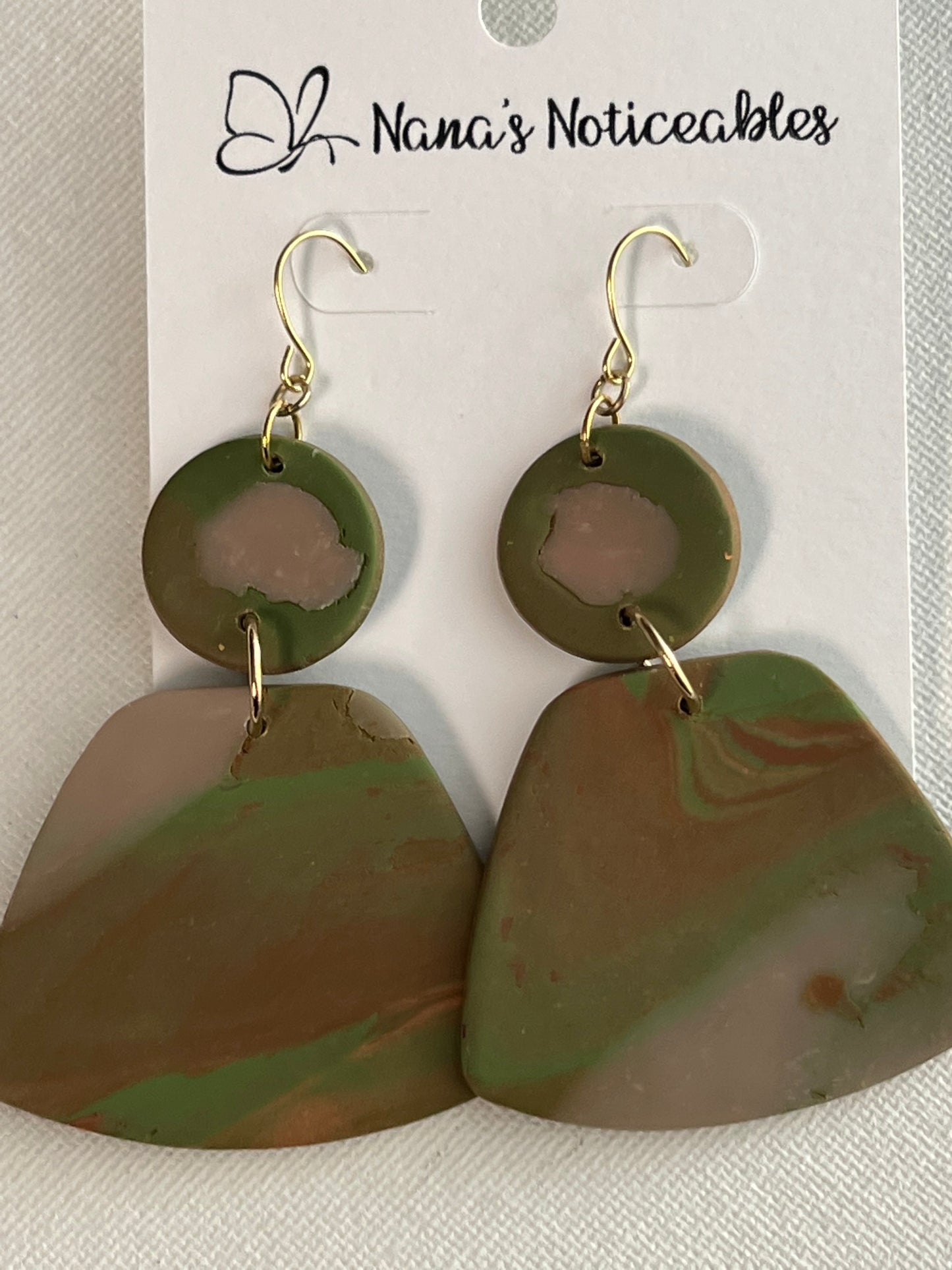 POLY,MER EARRINGS IN MULTI COLORS OF BEIGE ARMY GREEN BROWN AND HINT OF ORANGE