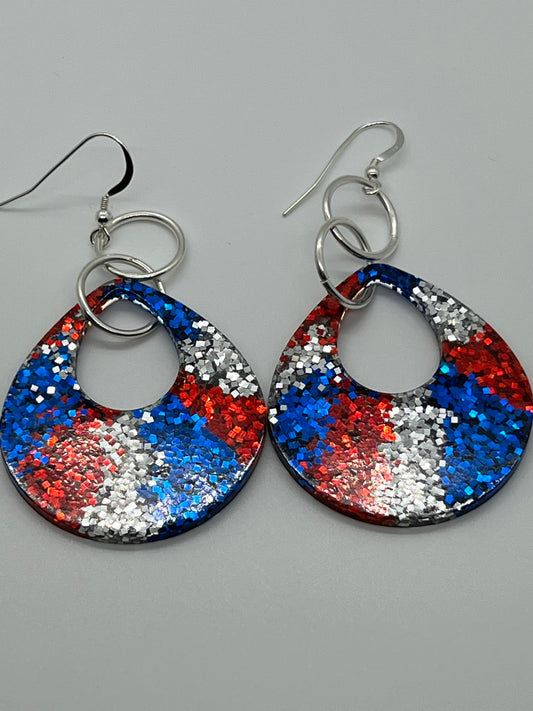 RESIN TEAR DROP IN RED,WHITE & BLUE GLITTER