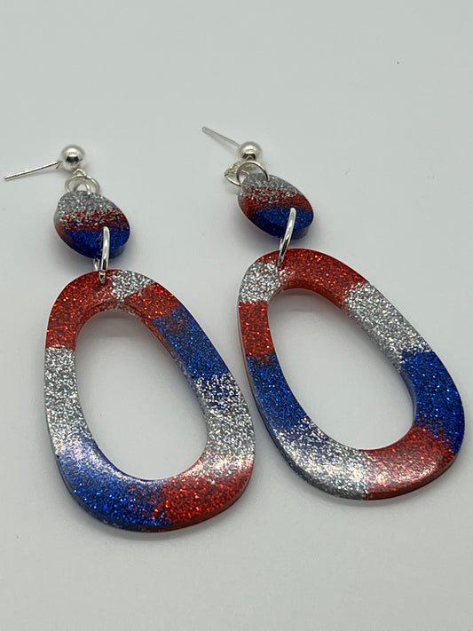 RESIN OVAL WITH OVAL DROP IN RED,WHITE & BLUE GLITTER