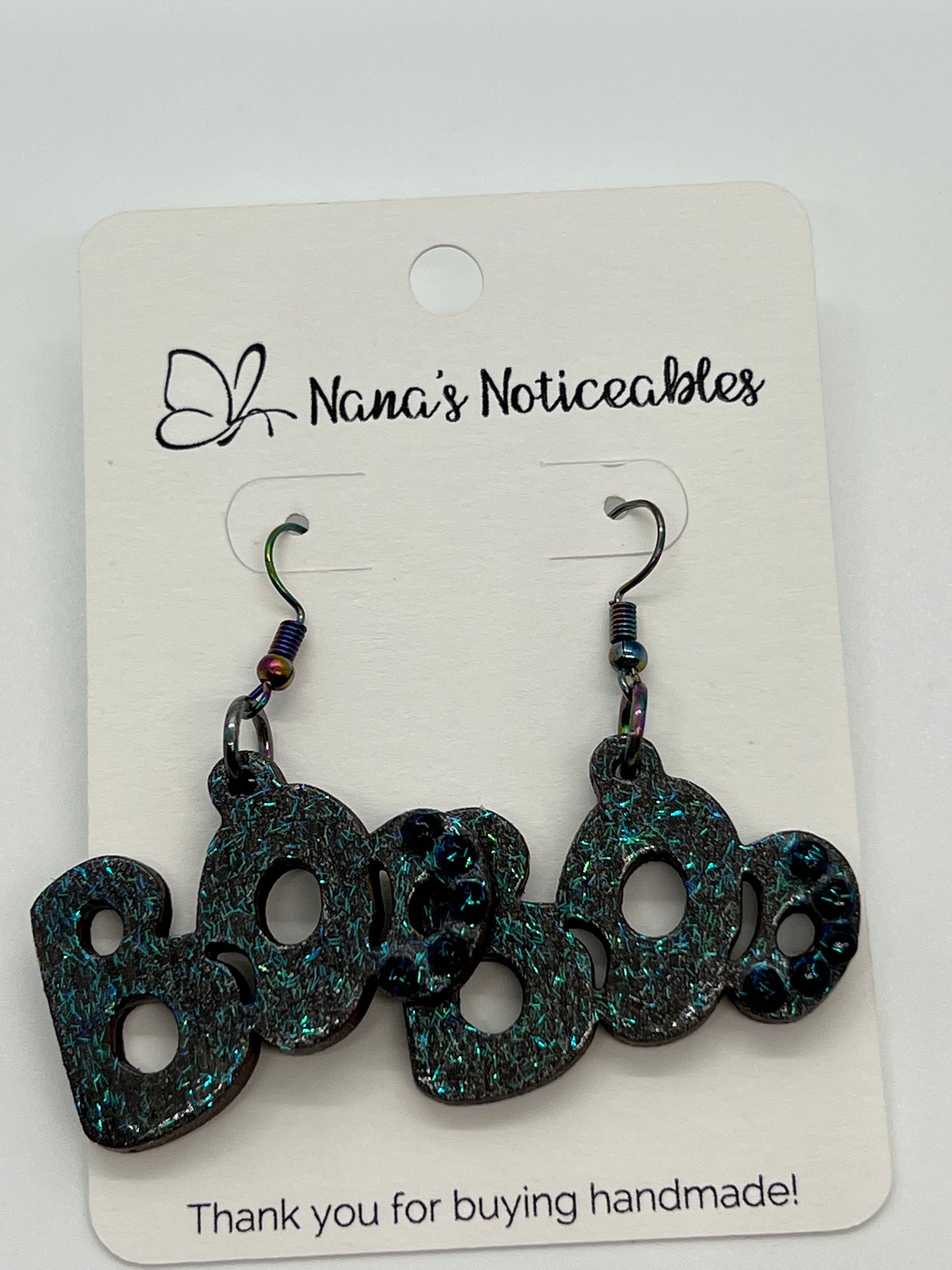 WOOD BOO EARRINGS PAINTED IN SPARKLE DARK GRAY WITH BLING ADDED