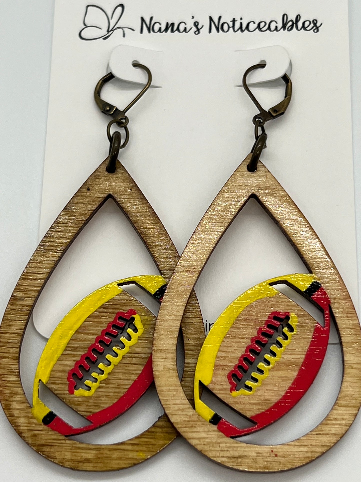 WOOD FOOTBALL EARRINGS STAINED IN DARK BROWN OR LIGHT BROWN OPTION