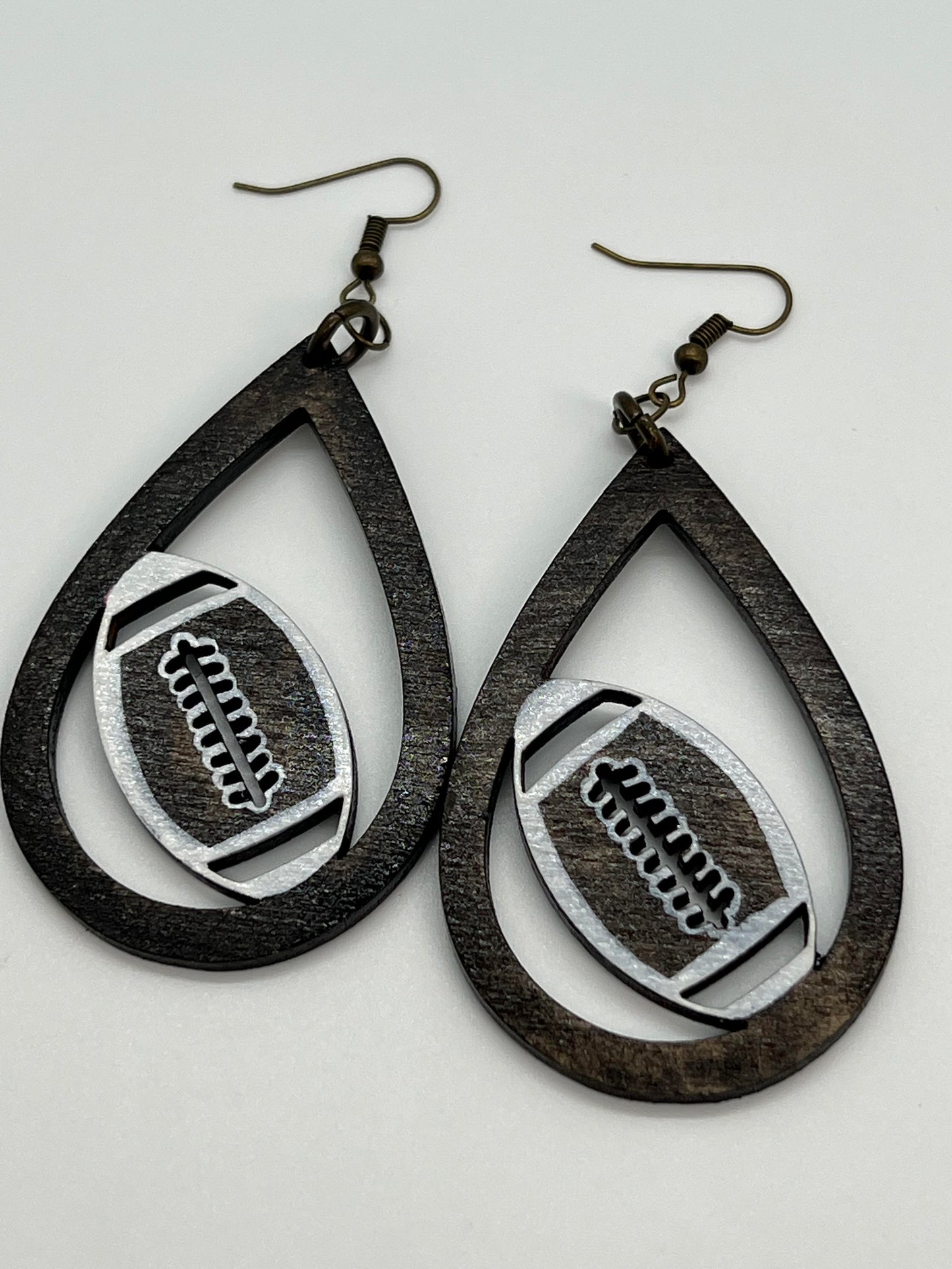 WOOD FOOTBALL EARRINGS STAINED IN DARK BROWN OR LIGHT BROWN OPTION