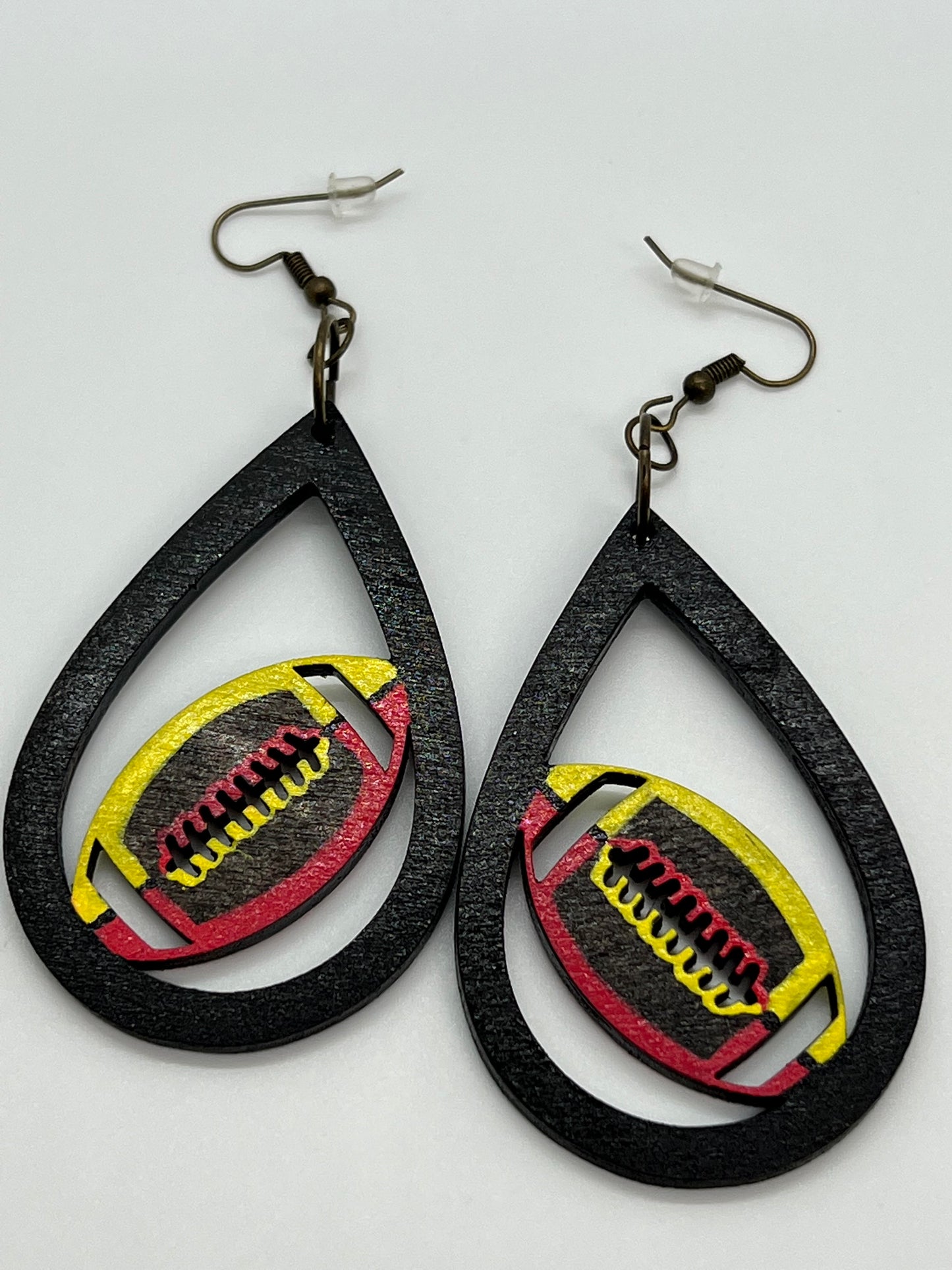 WOOD FOOTBALL EARRINGS STAINED IN DARK BROWN OR LIGHT BROWN OPTION