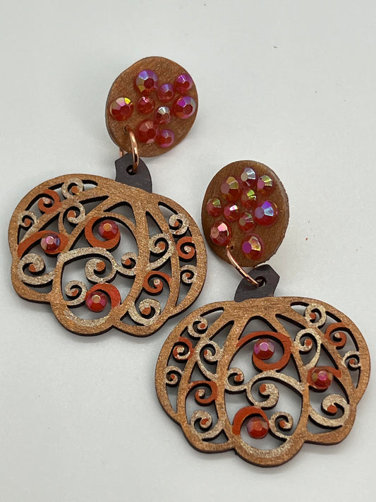 WOOD PUMPKIN POST EARRINGS IN ORANGE ROSE GOLD AND SILVER