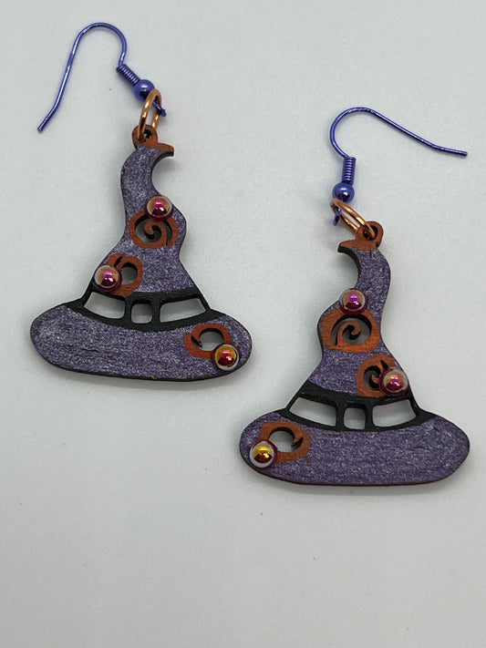 WOOD WITCHES HAT IN PURPLE ORANGE  BLACK