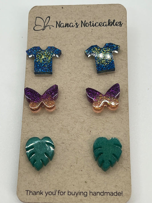 RESIN 3 POST PACK OF GLITTER EARRINGS BLUE/GREEN T-SHIRT, PURPLE/ORANGE BUTTERFLY AND  GREEN LEAVES