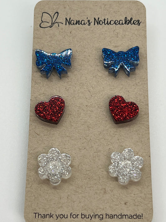 RESIN 3 POST PACK IN GLITTER COLORS BLUE BOW, RED HEART AND WHITE FLOWER