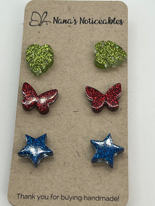 RESIN 3 POST PACK IN GLITTER COLORS GREEN LEAF, RED BUTTERFLY AND A BLUE STAR