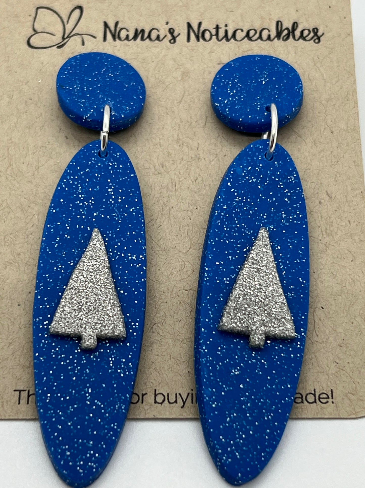 POLYMER OBLONG IN SPARKLE BLUE WITH A SPARKLE SILVER TREE