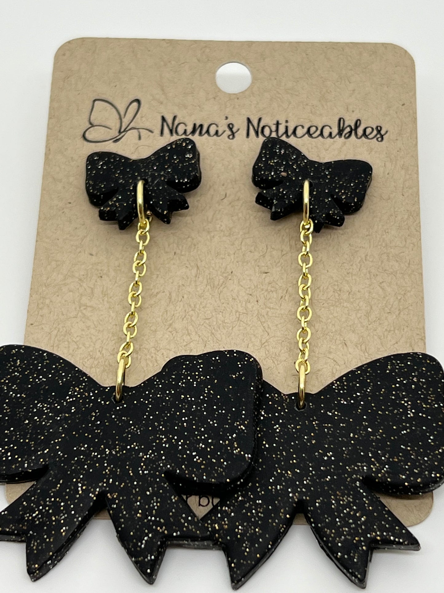 POLYMER DOUBLE BOW DROP WITH CHAIN IN BLACK SPARKLE