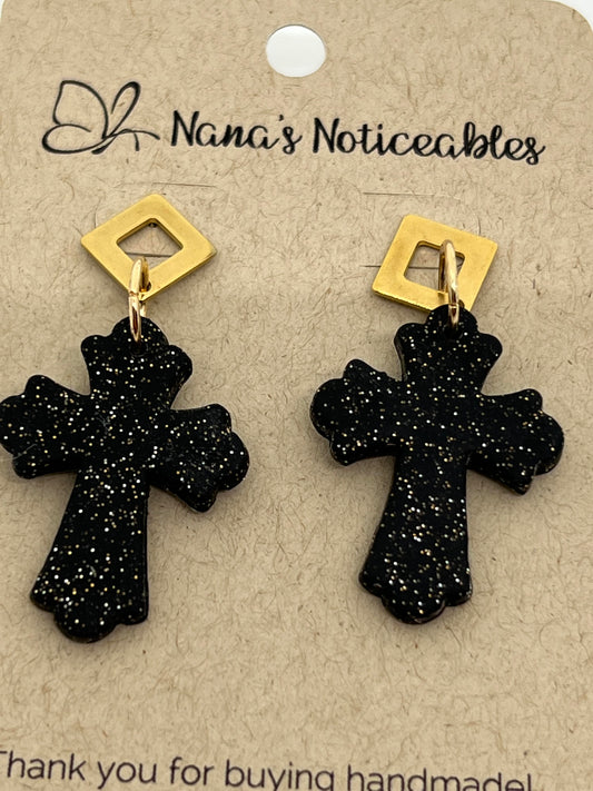 POLYMER SMALL CROSS IN BLACK SPARKLE