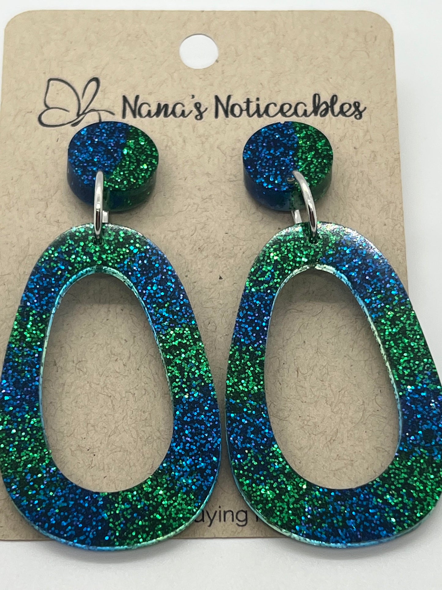 RESIN OPEN OVAL IN GREEN AND BLUE GLITTER