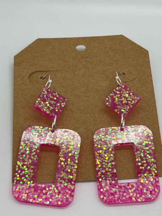 RESIN OPEN RECTANGLES IN SPARKLE BUBBLE GUM PINK