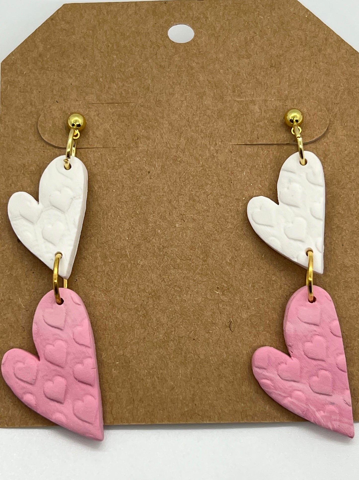 POLYMER DOUBLE HEART DROP IN WHITE AND PINK