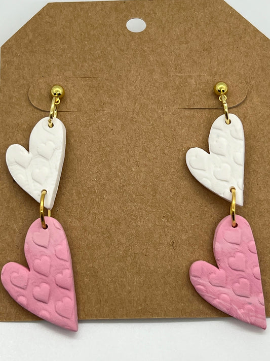 POLYMER DOUBLE HEART DROP IN WHITE AND PINK