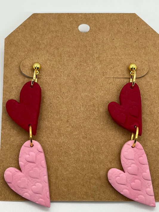 POLYMER DOUBLE HEART DROP IN RED AND PINK