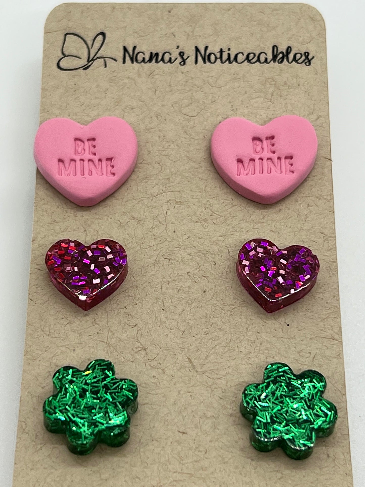 POLYMER AND RESIN 3 PACK OF A PINK HEART GLITTER HEART AND GREEN FLOWER